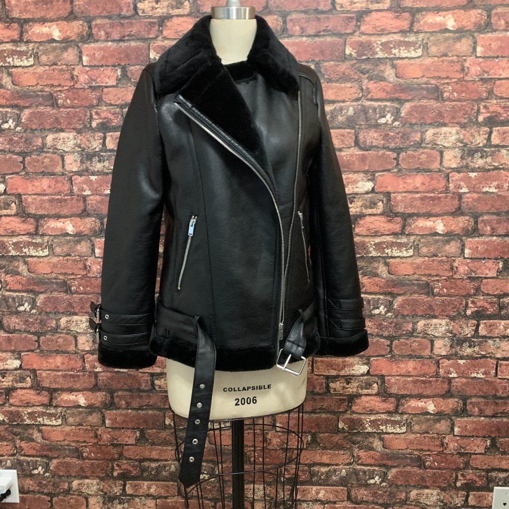 NEW FAUX-LEATHER/SHEARLING BLACK MOTO JACKET